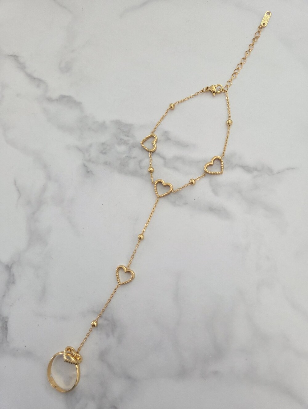 Gold Heart Hand Chain Bracelet Ring Combo Stainless Steel - Picture 6 of 13